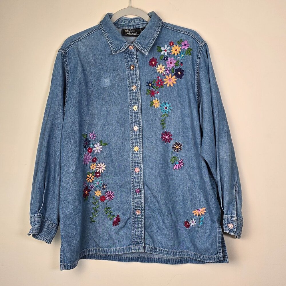 Silver Threads Embroidered Denim Shirt Women Size Large Floral Flowers Jean Art